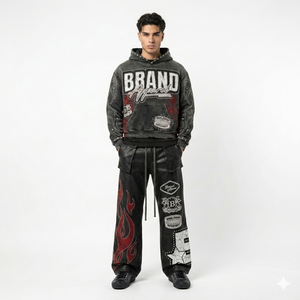 Conjunto de Sudadera con Capucha Corta y Pantalones de Chándal de Algodón Grueso Personalizado, Estilo Urbano Vintage con Lavado Ácido y Efecto Desgastado - Product Image 3