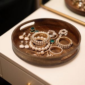 Bandeja decorativa redonda, bandeja de madera para servir con asas, bandejas decorativas marrones para mesa de café, encimera de cocina, decorativas - Product Image 3