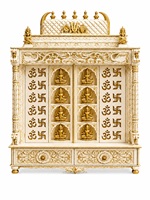 Armoire de temple hindou traditionnelle en teck blanc doré Ashtalakshmi Pooja Mandir, durable, de luxe, sculptée à la main, pour la maison, avec portes, USA