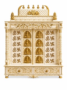 Mandir de madera de teca blanca dorada Ashtalakshmi, gabinete de lujo blanco y dorado tallado a mano, templo hindú para el hogar con puertas para EE. UU. - Product Image 5