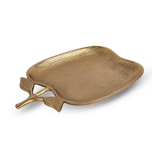 Magnifique plateau de service en métal doré en forme de pomme, avec surface linéaire texturée et pied élégant orné de détails de feuilles. - Product Image 2