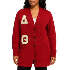 Cárdigan largo de punto rojo personalizado de la hermandad Delta Sorority con rayas blancas, suéteres para mujer con logo de letras griegas, manga larga con botones, estilo preppy. - Product Image 5