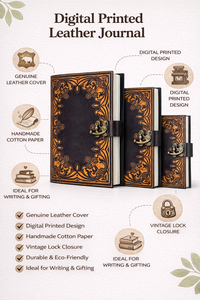 Diario de Cuero con Impresión Digital, Cuaderno de Papel de Algodón Hecho a Mano, Diario de Estilo Vintage con Cierre de Candado, Diario para Escribir - Product Image 6