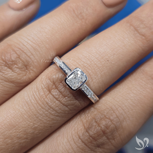 Delicate 0.50ct radiant cut lab grown diamond <b>ring</b> bezel <b>set</b> minimalist engagement <b>ring</b> with channel band in 10k white gold - Product Image 4