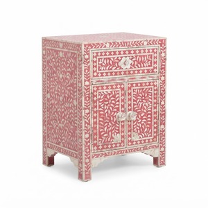 Wholesale Handcrafted Bone Inlay Bedside Cabinet <b>Pink</b> Floral Design <b>Stool</b> Table 1 Drawer 2 Door Accent <b>Storage</b> Side Table Living - Product Image 1