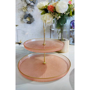 New Pattern Arrival Two-Tier Pink <b>Glass</b> <b>Cake</b> <b>Stand</b> With Gold Trim Round Design For Elegant Display Home Decor And Hotel Decor - Product Image 1