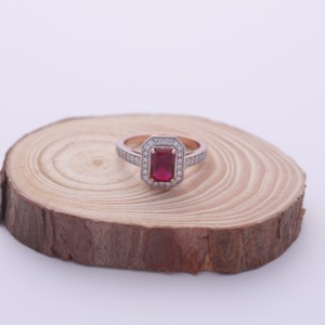 IGI Certified Emerald Cut Ruby Halo Ring with Pavé Diamond Band in <b>Solid</b> 925 Sterling <b>Silver</b> - Product Image 2
