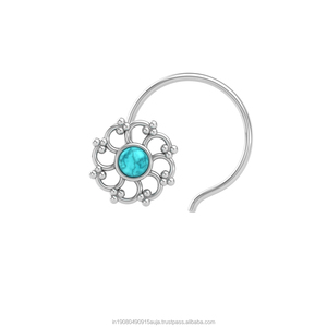 Pendiente de Nariz con Turquesa en Forma Redonda de Plata de Ley 925, Estilo Indio, para Mujeres y Niñas - Product Image 1