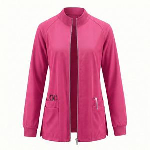 Blouse médicale personnalisée à prix de gros, fermeture éclair sur le devant, sans col, manches longues, poignets tricotés, ourlet ventilé - Product Image 5