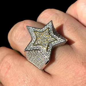 Star <b>Cocktail</b> <b>Ring</b> With Crystal Rhinestones Pave Setting Two Tone White And Yellow <b>Gold</b> Hiphop Style Unisex Jewelry - Product Image 1