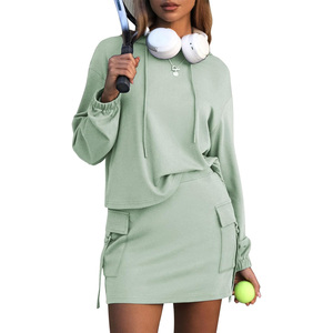 Conjunto de Sudadera con Capucha y Falda Verde Menta para Mujer, Atuendo Casual de Dos Piezas con Bolsillos, Manga Larga, Rayas, Lavado Ácido, Ropa de Primavera - Product Image 1