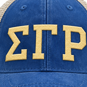 Gorra de béisbol estilo camionero azul real vintage con bordado de letras griegas doradas, parte trasera de malla beige, visera curva desgastada, unisex, informal - Product Image 6