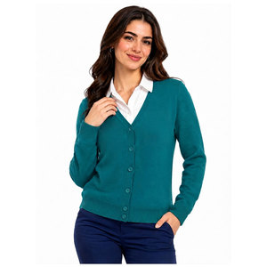 Pull cardigan à col en V pour femme, boutonné, manches longues, tricoté, couleur unie, décontracté, pour le bureau, gris, 100% acrylique, style automne - Product Image 4