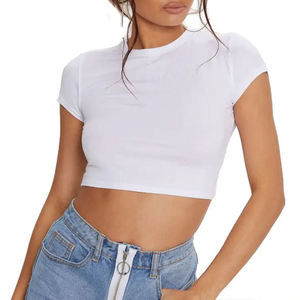 Camiseta Corta Blanca para Mujer, Cuello Redondo, Manga Corta, Corte Ajustado, Informal, 100% Algodón Jersey, Transpirable, Primavera Verano - Product Image 1