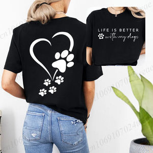 เสื้อฮาราจูกุแฟชั่นวินเทจ เสื้อยืดแขนสั้นผู้หญิง ลาย Life Is Better with My Dogs เสื้อลำลองลายอุ้งเท้าสุนัขรูปหัวใจ - Product Image 5