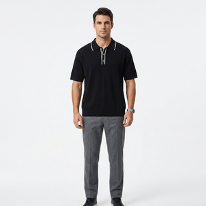 Polo à manches courtes pour homme, noir, couleur unie, tissu en coton, design boutonné décontracté, coupe classique - Product Image 3