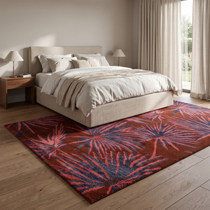 Tapis en laine DECORDEC rouge rouille et bleu marine, motif feuilles de palmier tropicales, surdimensionné, épais, antidérapant, écologique, tufté à la main, design moderne pour salon - Product Image 3