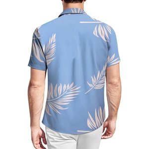 เสื้อเชิ้ตชายหาดฮาวายพิมพ์ลายใบไม้สีฟ้า ผ้าทวิล แห้งเร็ว ระบายอากาศได้ดี ผ้าฝ้าย ทรงหลวม แขนสั้น สำหรับใส่หน้าร้อน - Product Image 2