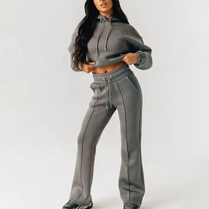 Conjunto Deportivo de Dos Piezas para Mujer, Sudadera con Capucha Gris Personalizable de Alta Calidad y Pantalones Anchos, Estilo Casual - Product Image 4