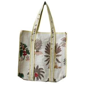 Knnotted Earth Floral Pattern Cotton Block Printed Bohemian Style Handmade Eco-friendly Zipper Closure Tote <b>Bag</b> Open Top - Product Image 1
