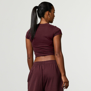 Women Solid Color Knitted Crew Neck <b>Crop</b> <b>Top</b> Casual Short Sleeve T-Shirt Maroon - Product Image 2