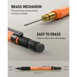 Ensemble de 3 crayons de charpentier robustes orange de 1,3 mm, corps métallique résistant aux intempéries avec 66 mines et 3 recharges d'effaceurs - Product Image 2