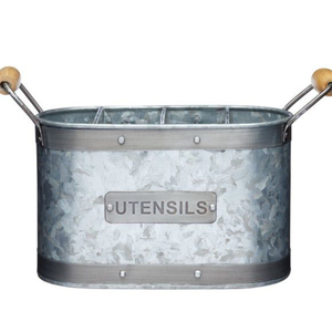 Cesta organizadora de utensilios de cocina moderna estilo granja de metal galvanizado con asa de madera para encimera, organizador de cubiertos y vajilla, ¡en oferta! - Product Image 6