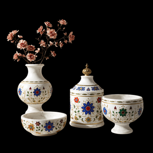 Bol de service floral personnalisé en marbre blanc avec motif floral sculpté pour servir des aliments, de la soupe et des fruits - Vaisselle de cuisine - Product Image 2