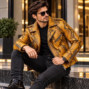 Mens Mustard Yellow Embossed Genuine Leather <b>Biker</b>/Motorcycle <b>Jacket</b> with Zipper Pockets Breathable Winter Wear - Product Image 5