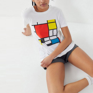 T-shirt pour femme à col rond, imprimé géométrique blanc, coupe classique, style décontracté, tissu jersey 100% coton, manches courtes - Product Image 4
