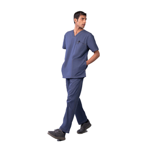 Men's Blue & Black Scrub Set Cotton Woven Hospital Uniform V-Neck <b>Top</b> With Pockets And Cargo Pants Needle Detection - Product Image 2