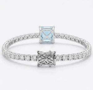 Bracelet pour femme en or blanc 18 carats, serti de diamants de laboratoire bleus vifs taille princesse et taille brillant, certifié IGI - Product Image 3
