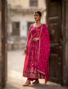 Ensemble Anarkali en coton brodé rose avec dupatta, tenue traditionnelle indienne et pakistanaise pour femmes, coupe longueur cheville, vêtement décontracté - Product Image 3