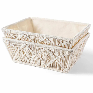 Handmade Set of 2 Off-White Macram Storage <b>Baskets</b>-Cotton Rope Handwoven Home Décor Organizer for Living Room & Bedroom - Product Image 1