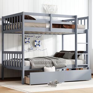 Twin Over Twin Rubber <b>Wood</b> <b>Bunk</b> <b>Bed</b> with 2 Drawers Convertible Into 2 Twin <b>Beds</b> Ladder Safety Guard for Kids' <b>Beds</b> - Product Image 3