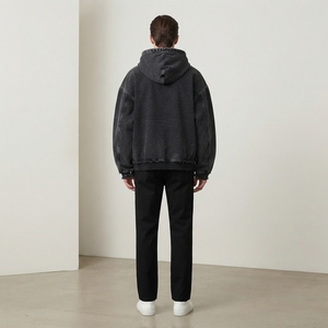 Wholesale Vintage Washed <b>Black</b> Distressed <b>Zip</b> <b>Up</b> <b>Hoodie</b> Oversized Streetwear Hooded Sweatshirt - Product Image 2