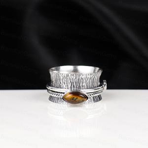 Vintage 925 Sterling <b>Silver</b> Plated Tigers Eye Spinner for Anxiety Relief Boho Marquise Cut Tiger Eye Meditation Handmade <b>Ring</b> - Product Image 1