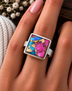 Bague en argent turquoise rose cuivrée avec coquille d'huître barbelée, style bohème western, bijou fantaisie pour femme - Product Image 1