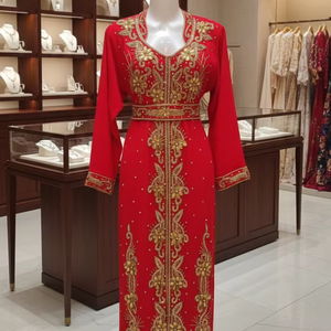 ชุดเดรสคาฟตันจอร์เจียทำมือจากมหาราษฏระ ประดับด้วยลูกปัดหิน ผ้าสเตรชยืดได้สี่ทิศทาง ความยาวแบบแม็กซี่ สำหรับผู้หญิง-ใส่ในงานแต่งงานหรือใส่ในชีวิตประจำวัน - Product Image 1