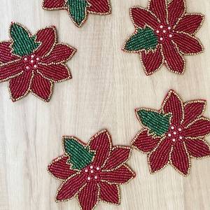 Poinsettia Flower Beaded <b>Coaster</b> Christmas Flower <b>Drink</b> Mat Handmade Holiday <b>Coaster</b> Red Floral Bead Table <b>Coaster</b> Festive - Product Image 6