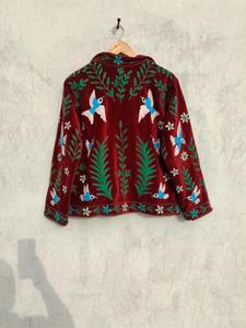 Luxury Burgundy Velvet <b>Embroidered</b> Suzani <b>Jacket</b> With Bird Pattern Full Sleeve Stand Collar Handmade Bohemian <b>Women</b> Winter Coat - Product Image 3