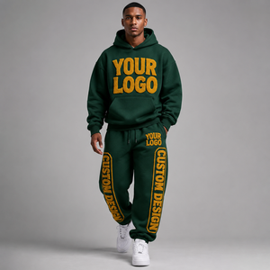 Ensemble de survêtement unisexe d'hiver en coton épais vert uni respirant avec logo imprimé en relief, design personnalisé, streetwear à capuche - Product Image 2