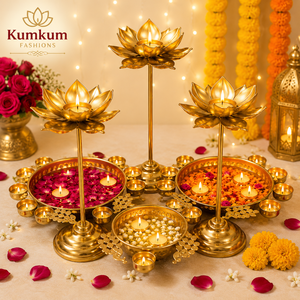 Gold Plated Urli Set Floating Flower Candle Holder 3-Stand 8/10/12 Inches Handmade 6-Piece Christmas Decor - Product Image 1