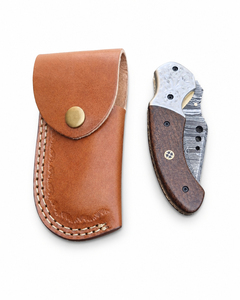 Burraq DIY OEM Custom Handmade Damascus Steel Pocket Knife with Wood Handle & Leather Sheath for Gifts & Outdoor Use - Product Image 6