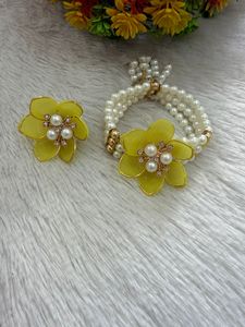 Luxury Handmade Yellow Floral Pearl Bracelet & Ring Set Elegant Adjustable Beaded Bracelet Designer Flower Jewelry Women Gift - Product Image 2
