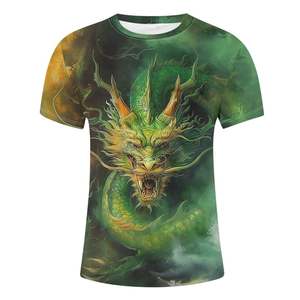 T-shirt à manches courtes pour homme, imprimé dragon vert, col rond, coupe classique, respirant, en coton tricoté, logo sur le devant, 300g - Product Image 2