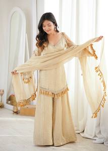 Beige Embroidered Ethnic <b>Shawl</b> Tassel Border Silk Scarf Wrap for <b>Wedding</b> Festival Wear - Product Image 5