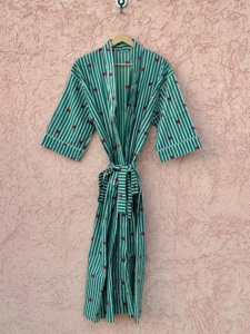 Green Striped Kimono <b>Robe</b> for Women Red Heart Hand Block Print Wrap Cotton Bathrobe Cozy Loungewear Spring/Summer <b>Beach</b> Cover - Product Image 1
