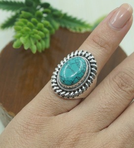 Vintage Blue Turquoise <b>Statement</b> <b>Ring</b> 925 Silver Yellow Gold & Rose Gold Plated Handmade <b>Statement</b> Boho Oval Gemstone Jewelry - Product Image 2