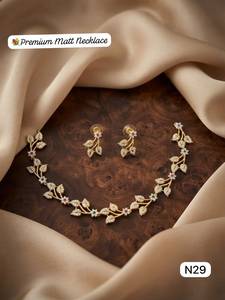 Premium Matt Gold Leaf Necklace <b>Set</b> with CZ Stones Floral Design Lightweight Party Wear Traditional <b>Jewellery</b> for Women Picture - Product Image 2
